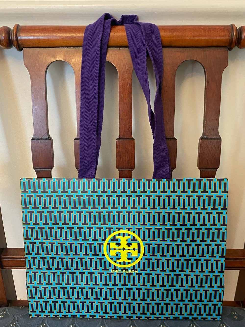 NWOT Tory Burch Teal Patterned Tote with Purple Handles and Yellow Logo